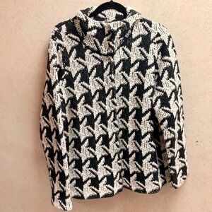 Chicos 3‎ Women Black White Houndstooth Knit Cowl Neck Soft Girl Cardigan